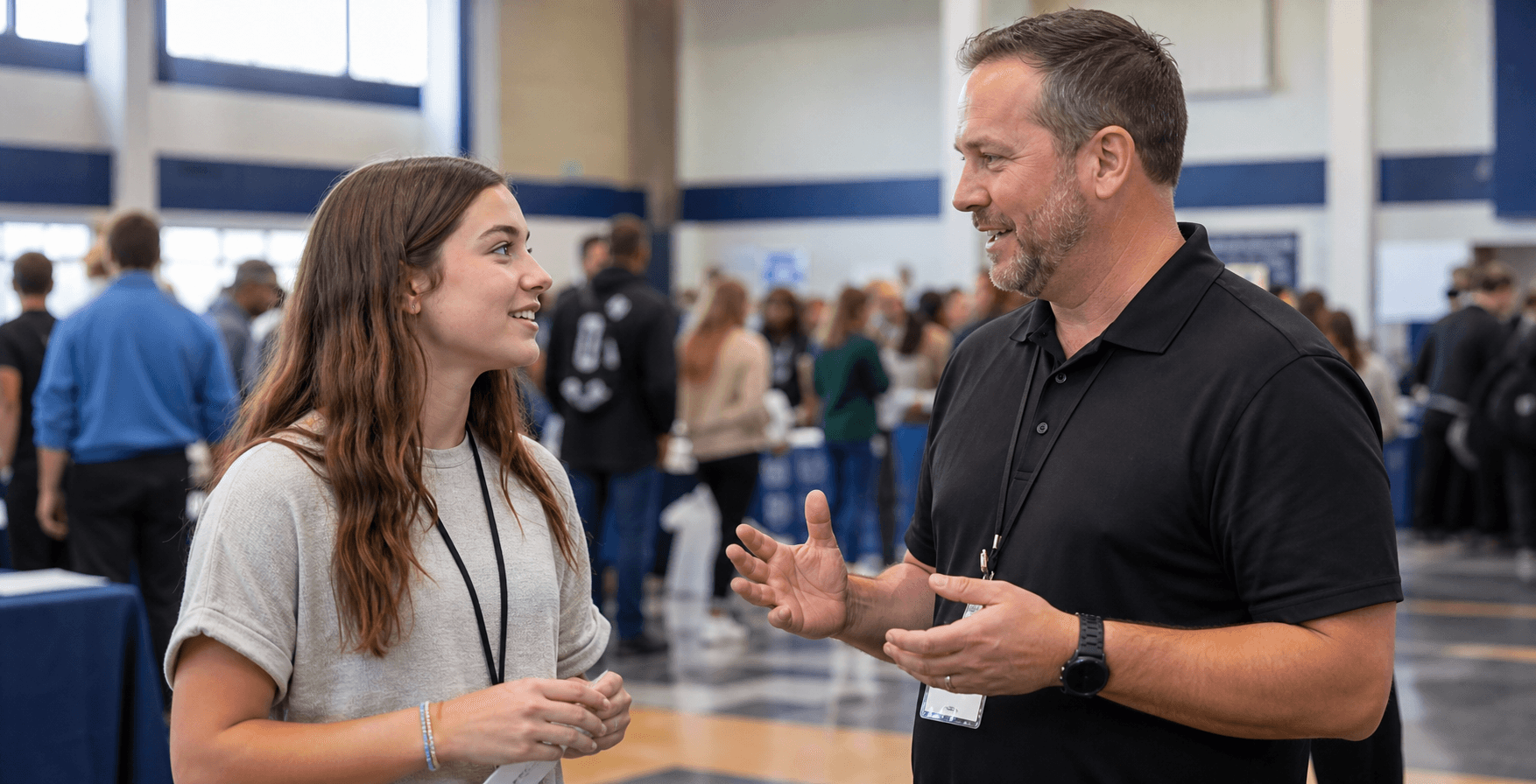 A student talking with a Pickaway Works career advisor at a community event
