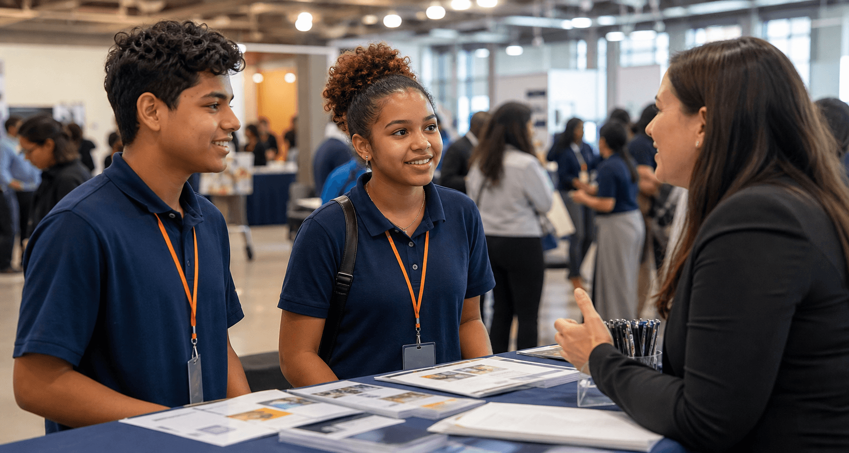 Students and an employer talking at a career event